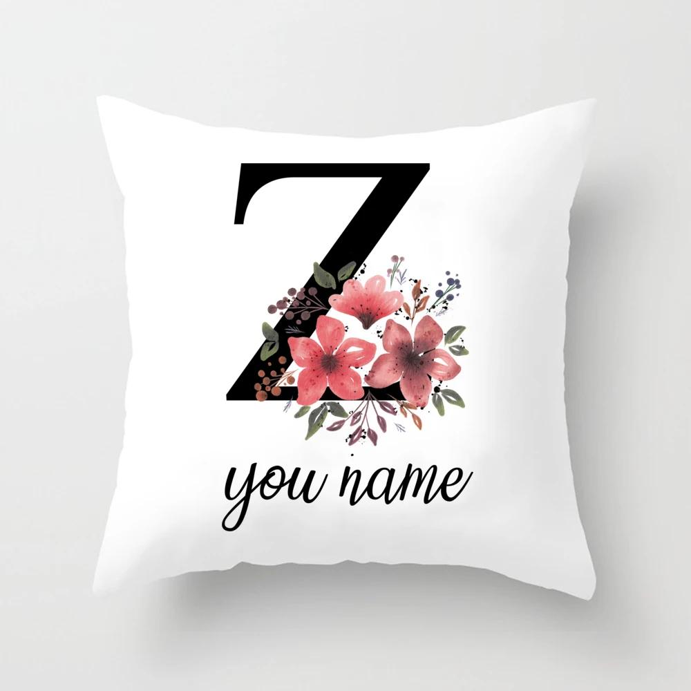 Personalized Name Flower Letter Pillow Case Alphabet Print White Square Pillow Case Dust Cover Bedroom Party Decoration