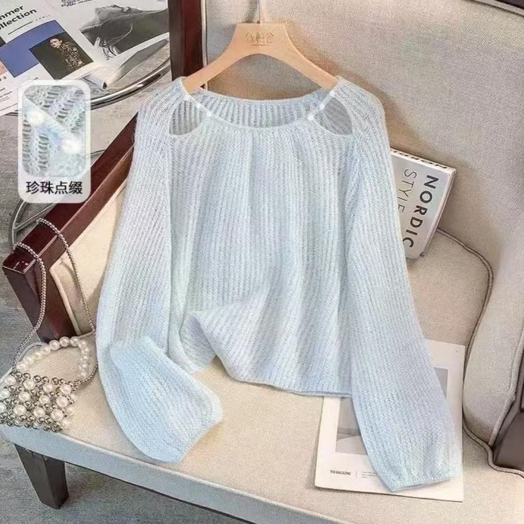Knitted Shirt for Women Solid Color Hollow Round Neck Top Thin Long Sleeve Pullover Shirts