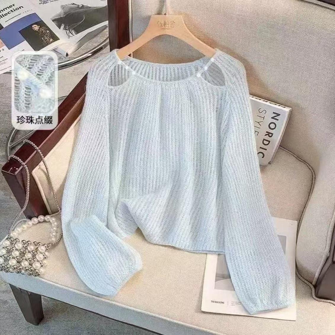 

Knitted Shirt for Women Solid Color Hollow Round Neck Top Thin Long Sleeve Pullover Shirts S небо синє кольору