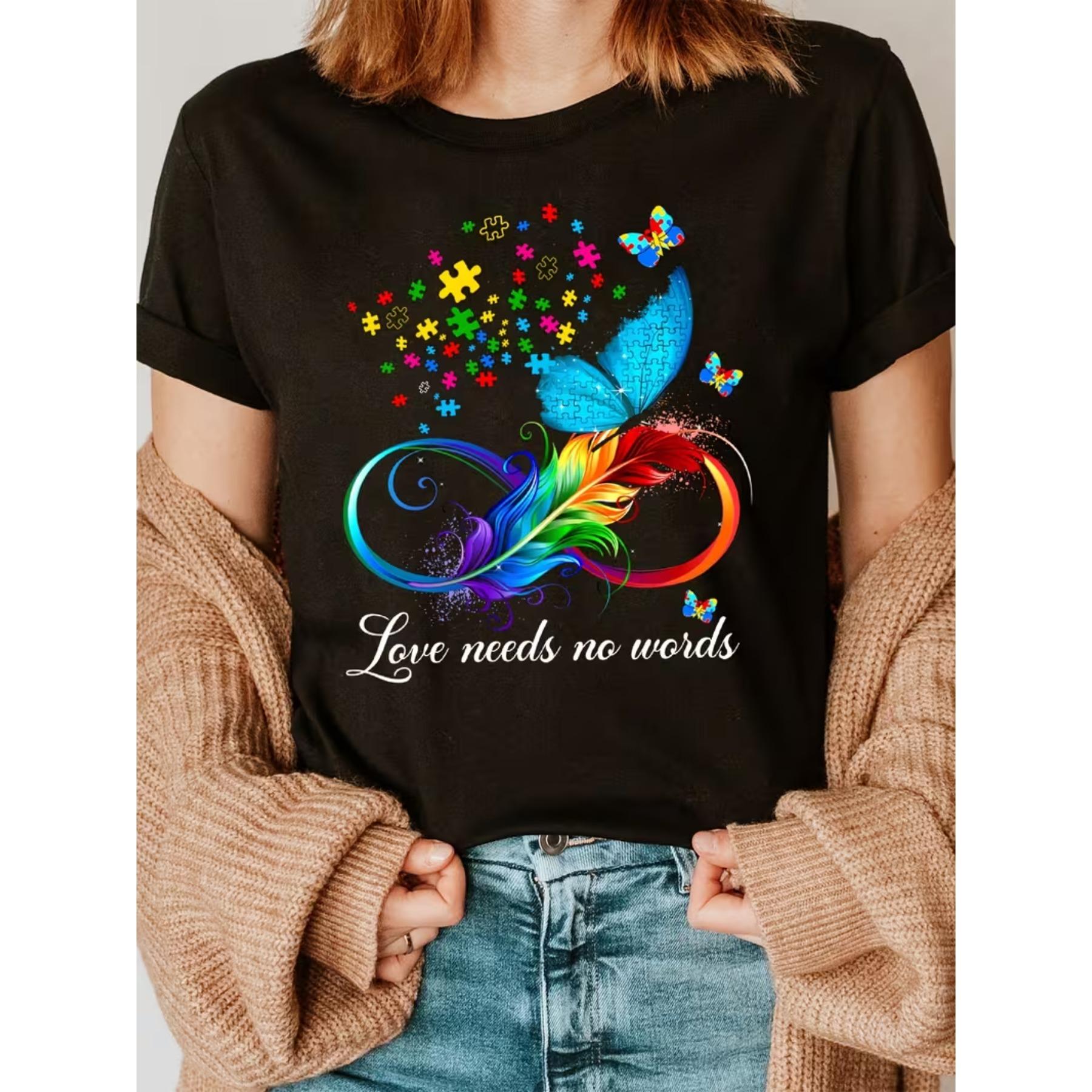 Awareness Butterfly & Letter Print T-Shirt - Soft, Short Sleeve Crew Neck Casual Top for Women, Perfect for Spring & Summer S чёрный