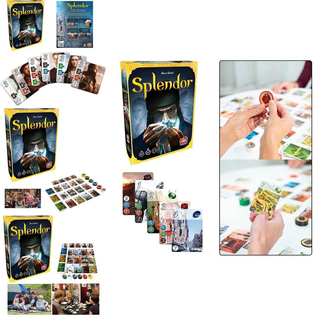 Splendor bordspel, volledige Engelse versie, doos voor thuisfeestjes met verzamelkaarten.