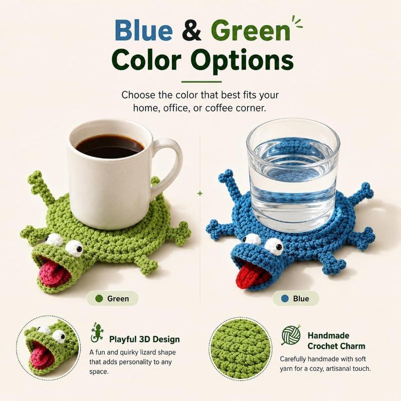 Cute Handmade Crochet Lizard Coaster Animal Drink Mat Non Slip Desk Protector Absorbent Table Decor Stress Reliever Toy Gift