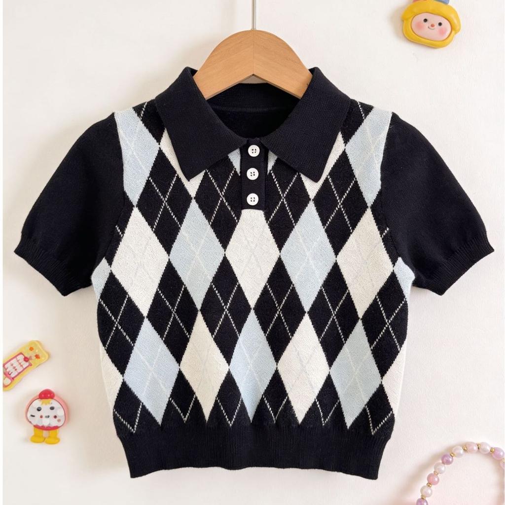 Kids Old Money Argyle Knit Polo Shirt Short Sleeve Sweater For Boys And Girls Fashionable Versatile Children Clothing