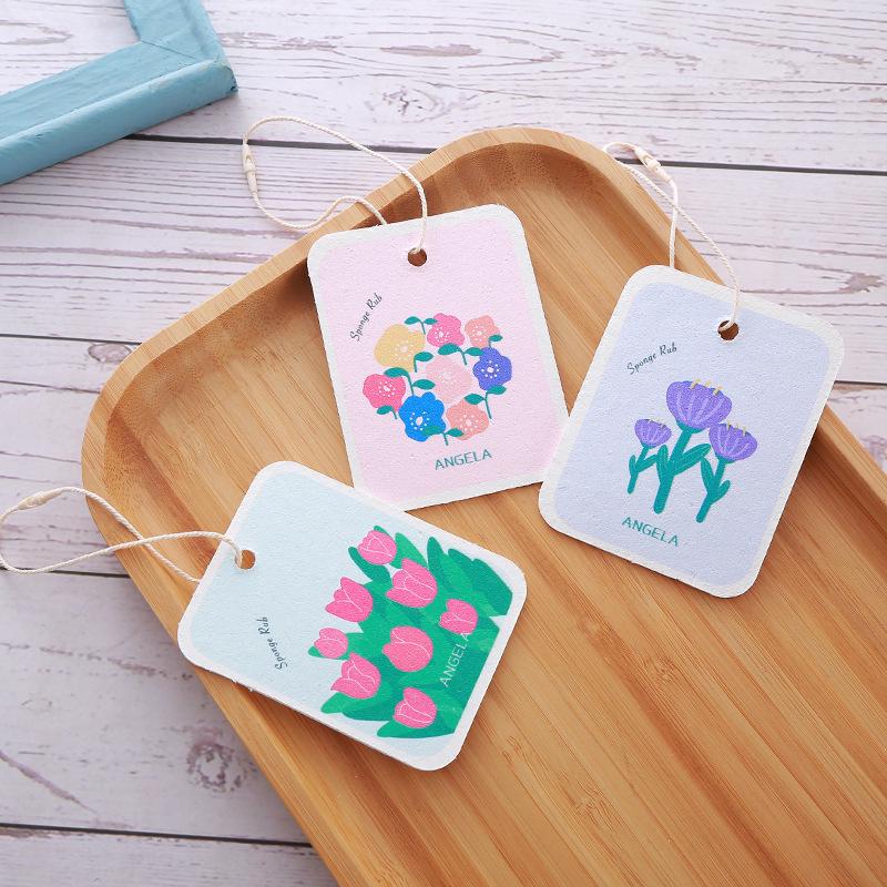 Flower Pattern Compressed Wood Pulp Sponge Dishcloth