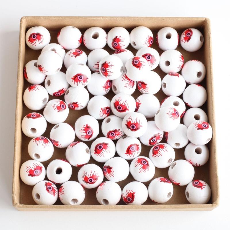 40 Stück Runde Perlen Halloween Holzperlen Gruselige Augäpfel Muster Holzperlen für Basteln Halsketten Schlüsselanhänger Herstellung