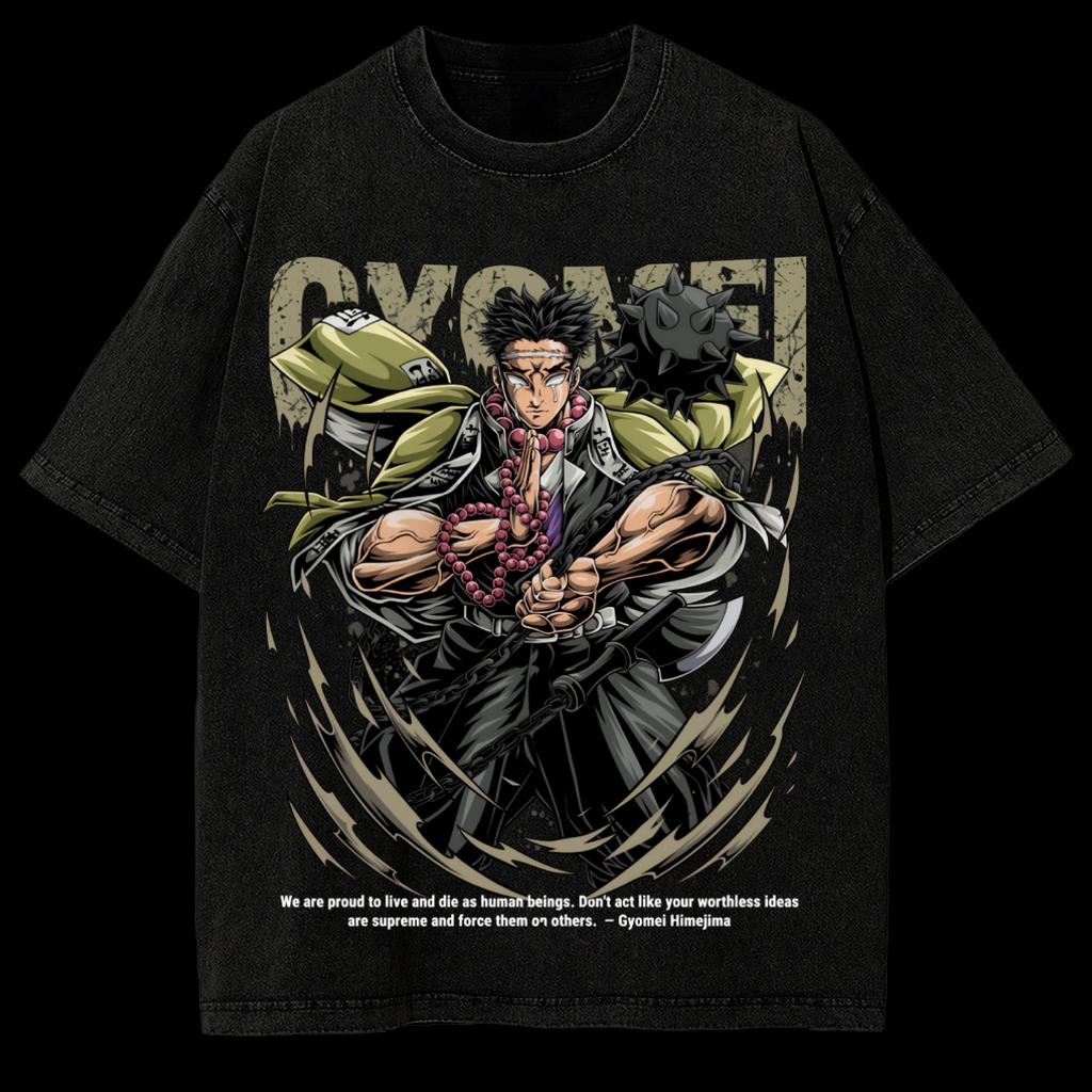 Washed Oversized T-shirt Demon Slayer Gyomei Himejima Stone Hashira Vintage Anime Men Women Anime Manga Graphic Short Sleeve Female Male Clothing