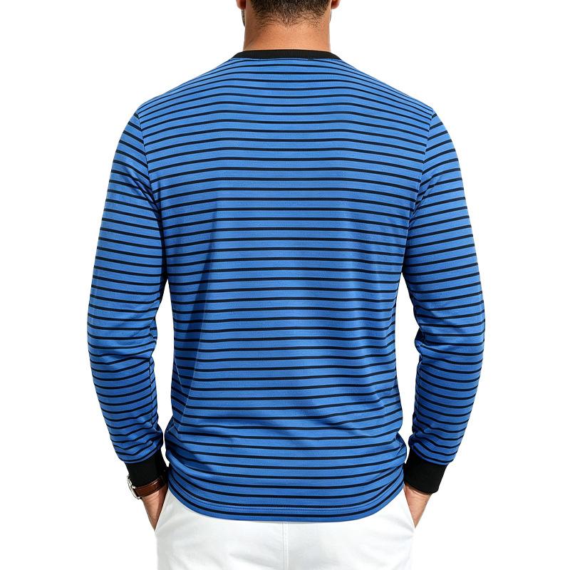 Pánské pruhované tričko Henley s dlouhým rukávem, kulatým výstřihem, zapínáním na knoflíky, ležérním volným střihem, každodenní základní topy pro muže