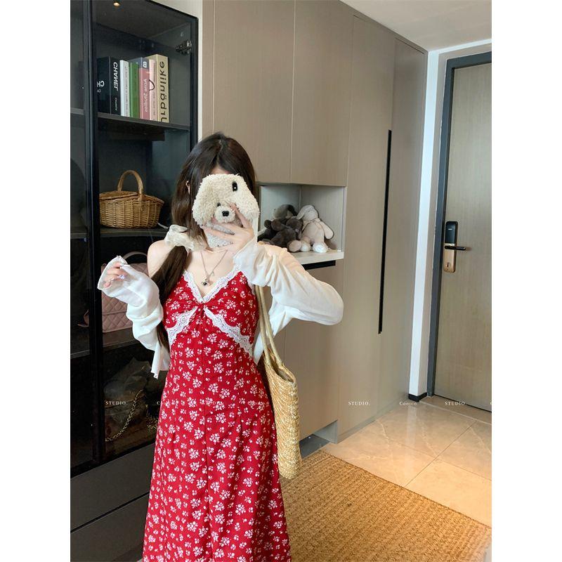 Kumikumi Design Sense Lace Stitching Sling Dress Women Summer Holiday Style High Waist All-Match Floral Long dress