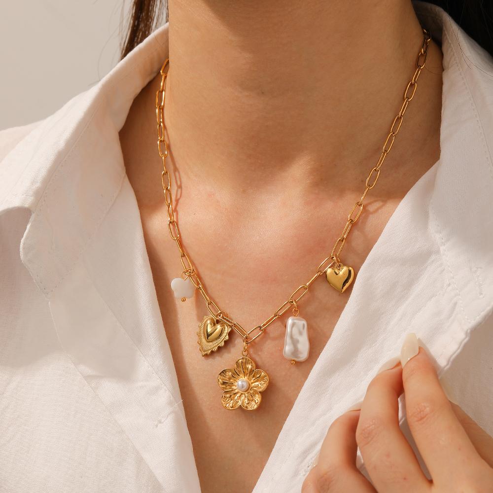 316L Edelstahl Perlmutt Inlay Blume Schmetterling Herz Anhänger Halskette Damen Klassisch Faszinierend Halskette Schmuck