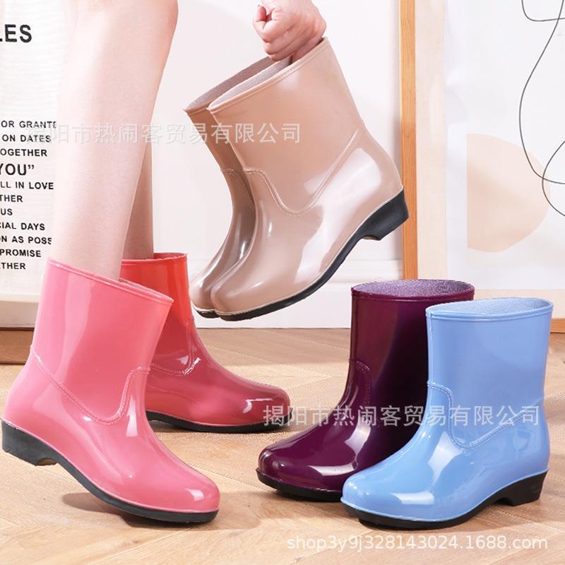 Pink medium tube women's rain shoes fashion non-slip rain boots kitchen waterproof glue shoes garden wading boots women's boots 20 high water shoes