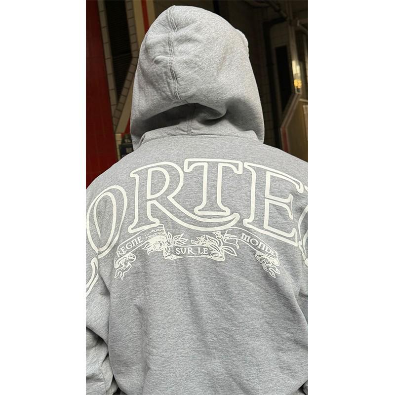 Drill Amerikansk Grå Hip Hop-tryck Huvtröja med Dragkedja och Sammetsfoder - Trendiga Ytterkläder för Herr