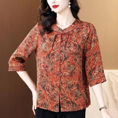 Women's Vintage Paisley Print Blouse 3/4 Sleeve Mandarin Collar Button-Up Casual Shirt