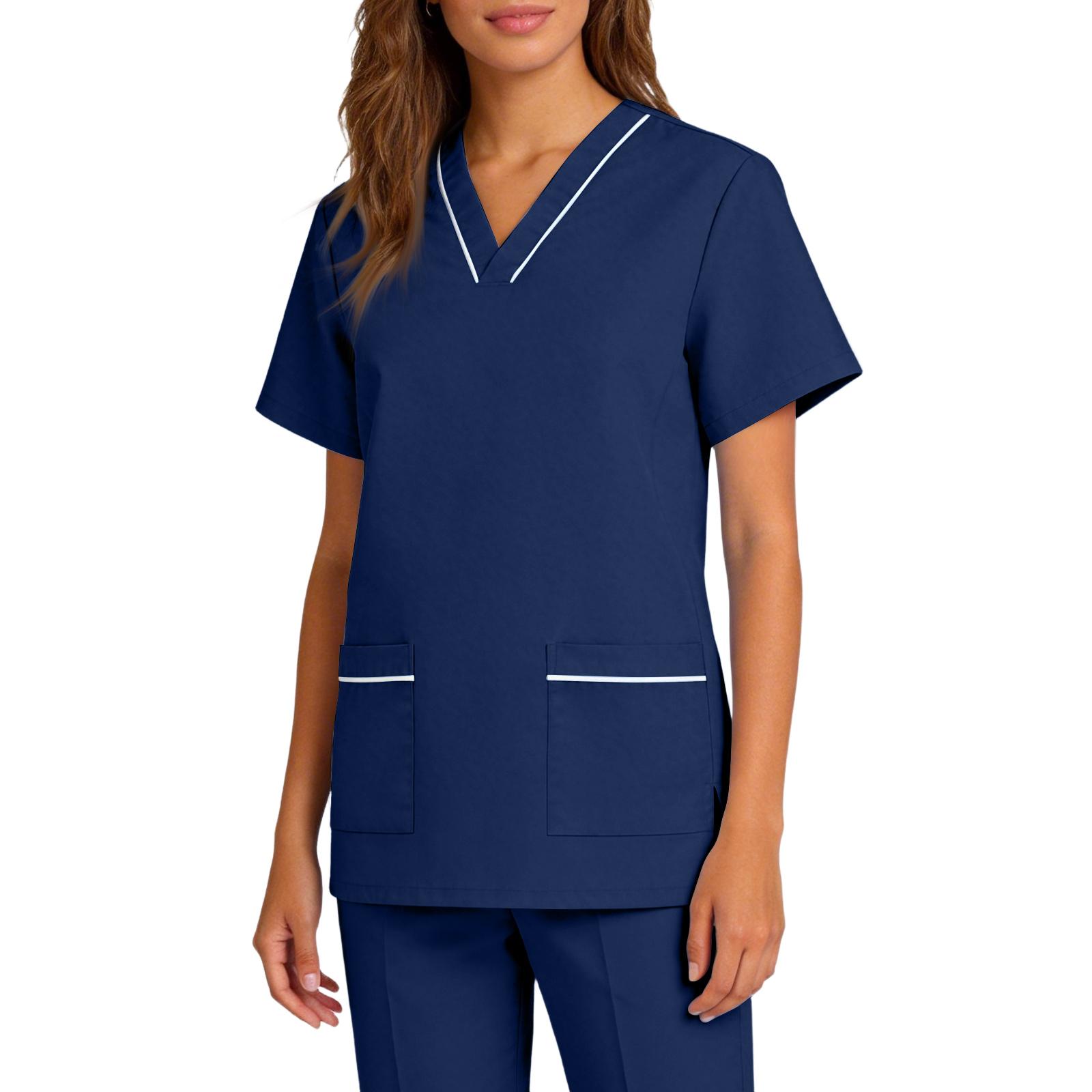 

Women’s Stretch Quick Dry V Neck Short Sleeve Scrub Top with Pockets for Healthcare Work Uniforms XXL тёмно-синий
