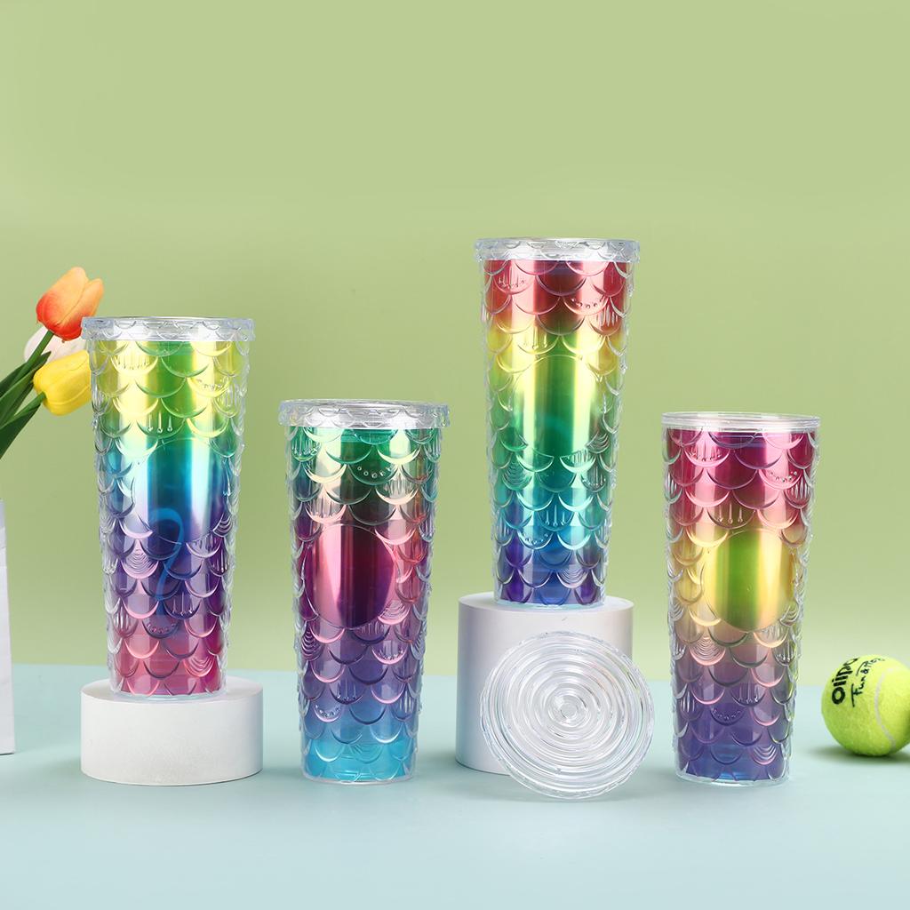 Water Bottle Creative Large Capacity Double Layer Plastic Cup Colorful Gradual Change Fish Scale Cup Office Household Cup Portable