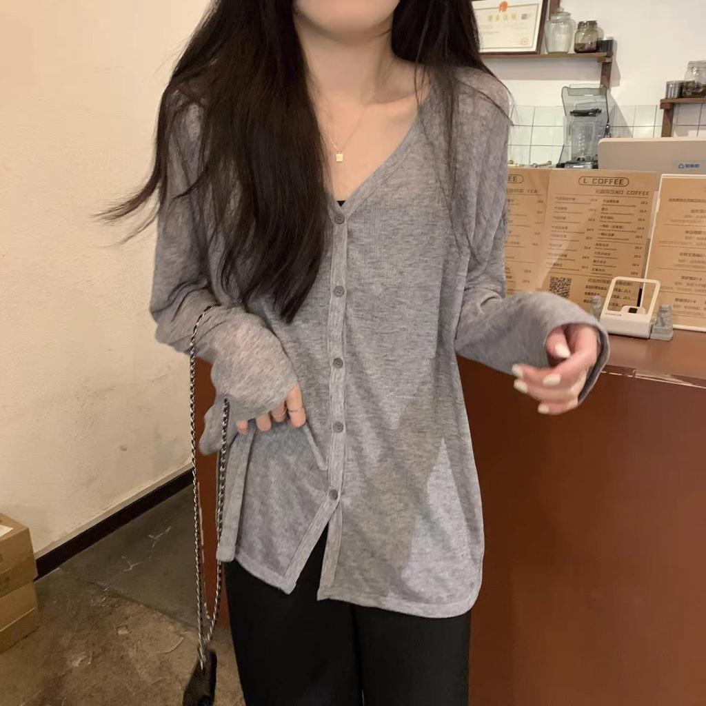 Damen Sommer Langarm Leicht Locker Atmungsaktiv Oberteil Leicht Durchsichtig Sonnenschutz Strickjacke