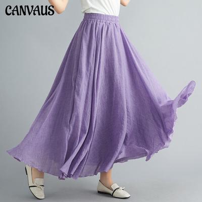 Sommer Herbst Damen Rock Literarisch Große Baumwolle Leinen Halbrock Elastische Taille Leinen A-Linie Rock Langer Abschnitt Reine Farbe Wind Swing Rock