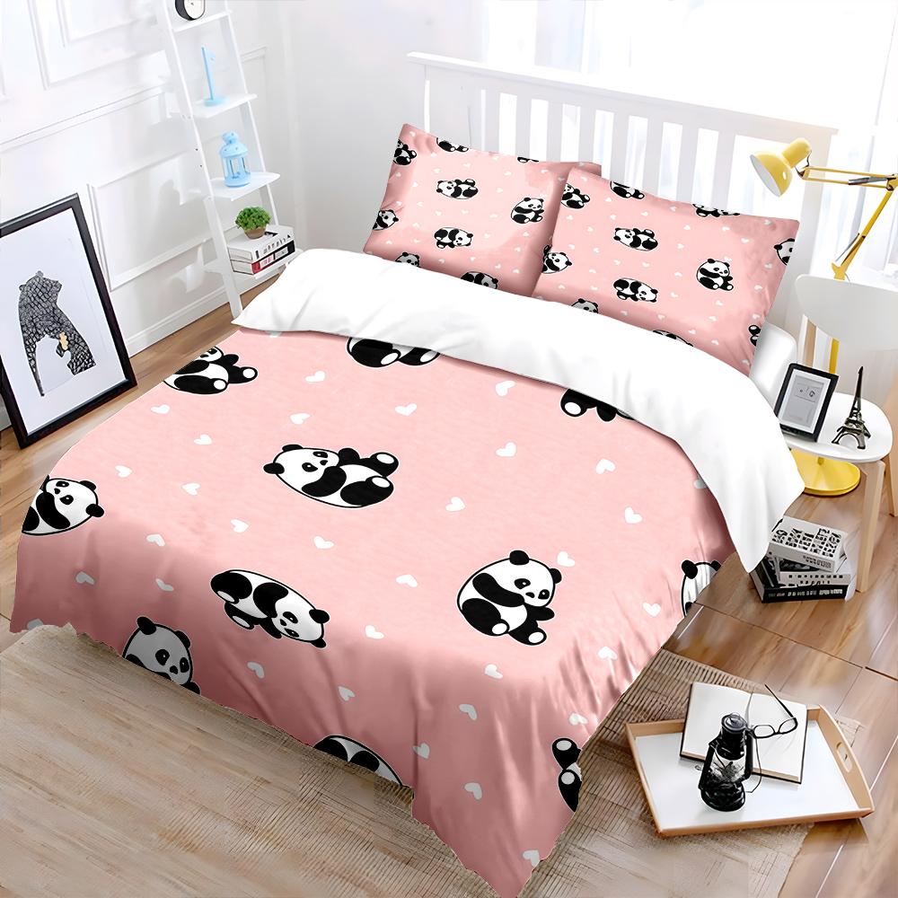Cute Pandas On Pink Background Print Bedding Set 1 Duvet Cover 2 Pillowcases for Adult and Children Luxury Gift Full Size