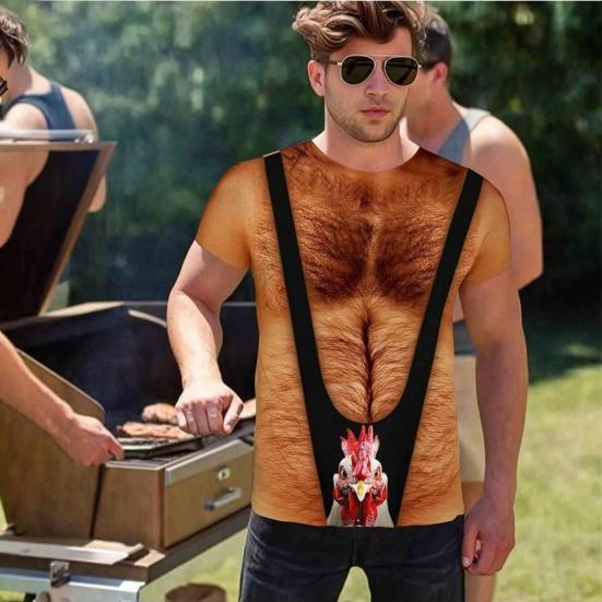 Chest Hair Toupee T-Shirt, Men Funny Muscle Shirt with False Chest Hair, Six Pack Ugly Muscle Tee, Loose Fit Shirt for Bachelor Party Carnivals