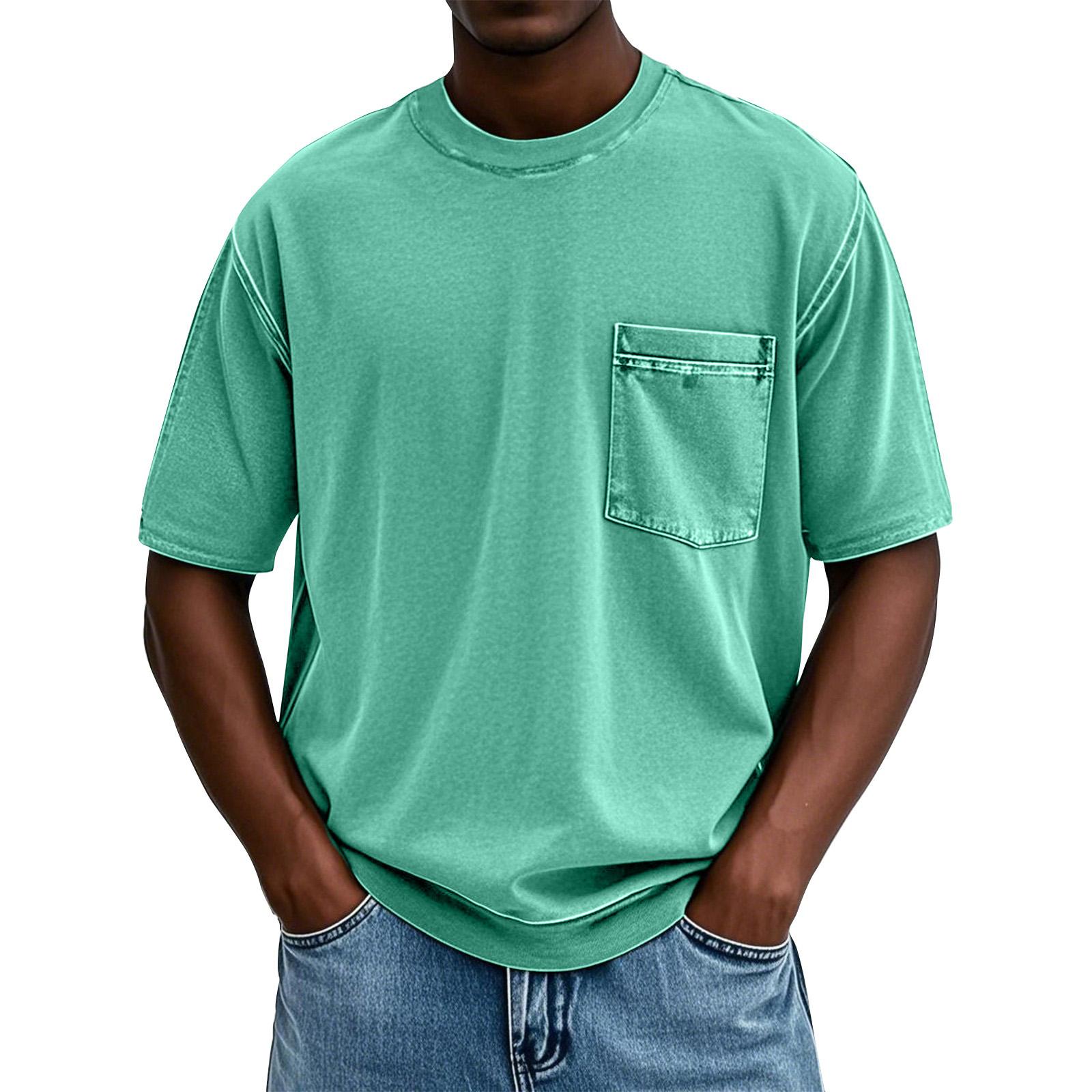 

Men s Summer Color Round Neck Loose Pocket Short Sleeve Top XL хакі