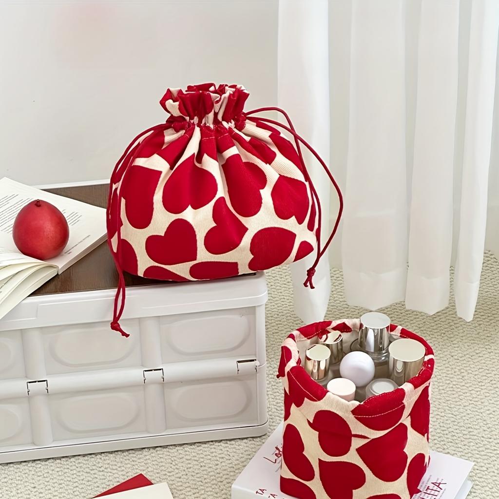 1 pièce Sac à Maquillage Chic Rouge et Blanc à Imprimé Cœur et Cordon de Serrage - Organisateur Compact pour Soins de la Peau, Rouge à Lèvres, Accessoires de Téléphone