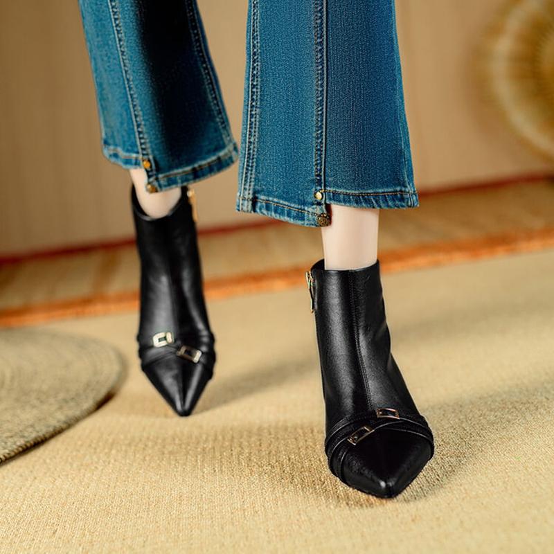 Fashion NEW Autumn/Winter Women Boots Pointed Toe Kitten Heel Shoes Split Leather Shoes Women Zip Ankle Boots Belt Buckle Modern Boots