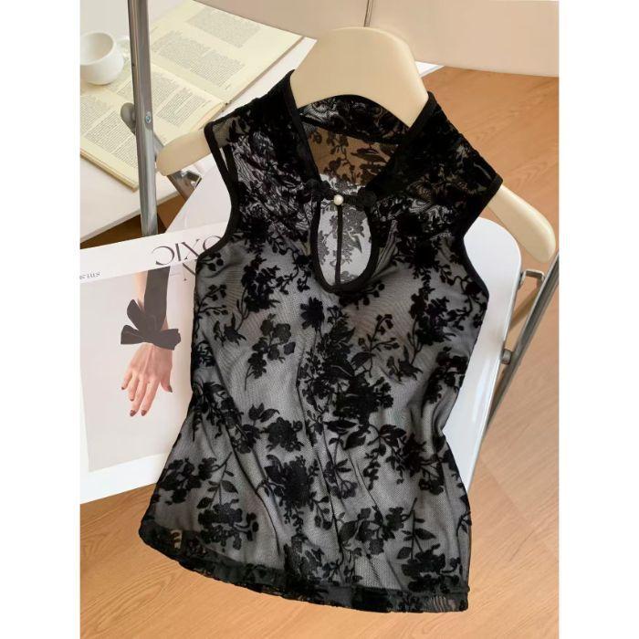 Summer New Chinese Lace Embroidered Hollow Stand-up Collar Neck Vest Women's Design Sense Slim and Thin Sleeveless Top