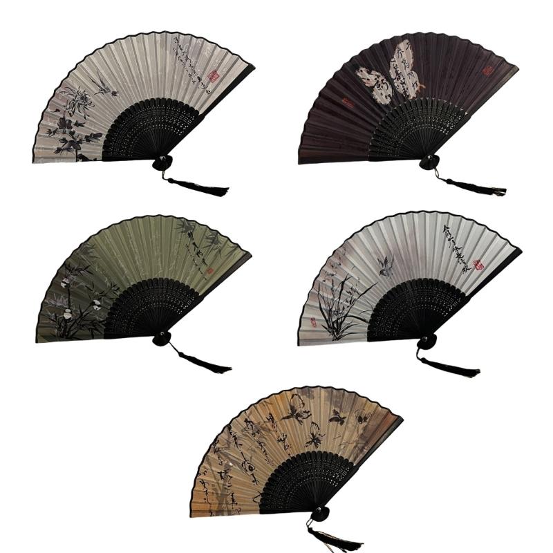 Handheld Wood Fabric Fan With Chinese Traditional Painting Calligraphy Fan for Outdoor Use Dance Fan