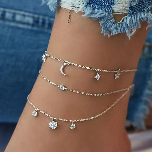 

4pcs Set Personality Moon and Star Cross Multilayer Anklet for Women Charm Fashion Heart Summer Beach Body Accessories Zircon медный