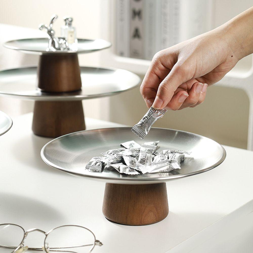 Korean Style Stainless Steel Cake Tray Wooden Base Stable Fruit Display Plate Multifunction Dessert Plate Home Decoration