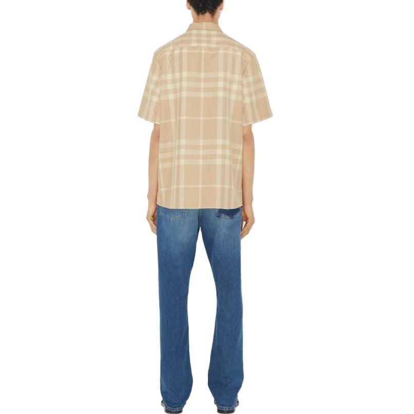 Burberry SS23 Check Stripe Single-Breasted Collar Short Sleeve Shirt Beige 80685821