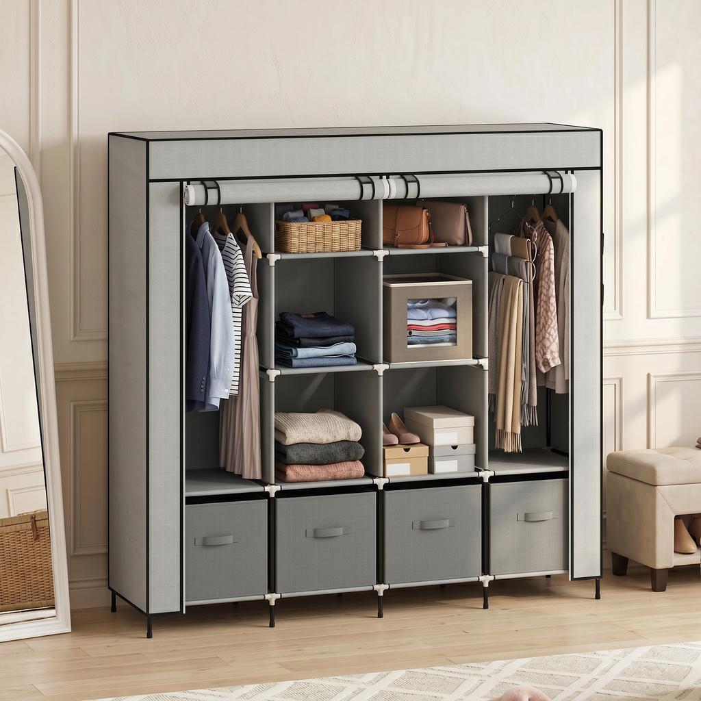 Wardrobe Fabric Wardrobe, Doors, 2 Clothes Rails, 10 Compartments, Grey