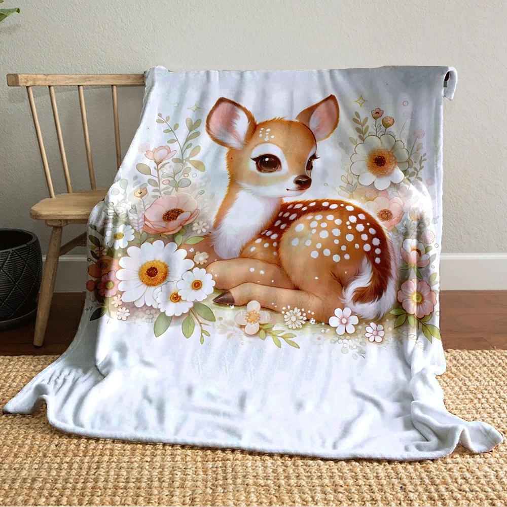 A cute fawn surrounded by delicate flowers and soft pastel foliage. for all seasons blanket lunch break throw gift