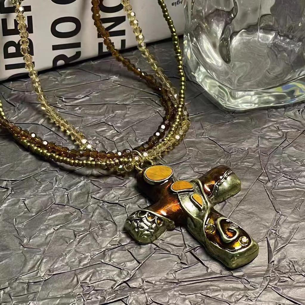 European and American Jewelry Gothic Cross Multi-layer Beaded Necklace Heavy Industry Versatile Medieval Niche Collarbone Chain Women