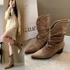 Retro Matte Leather Pointed Pleated Piled Boots Big Tube Circumference Short Boots Western Cowboy Boots Large Size Women's Shoes