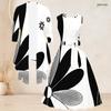 Women Plus Size Two Piece Set Long Sleeve Draped Cardigan Round Neck Sleeveless Tie Waist Flared Dress Black White Printed