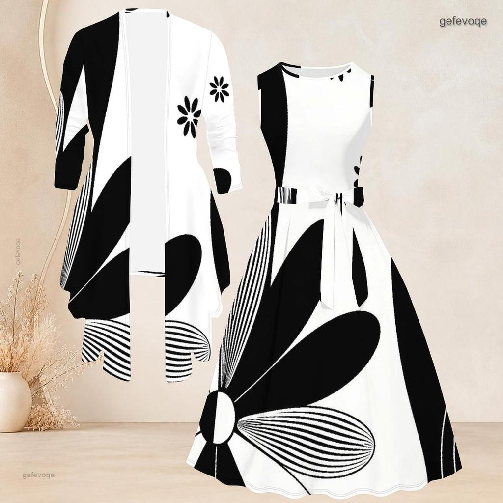 Women Plus Size Two Piece Set Long Sleeve Draped Cardigan Round Neck Sleeveless Tie Waist Flared Dress Black White Printed