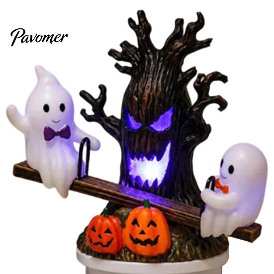 Spooky Tree And Pumpkin Decor Animated Seesaw Ghosts Night Light, Halloween Plug-in Lamp with Decorative Light Moving Figurines, Glowing for