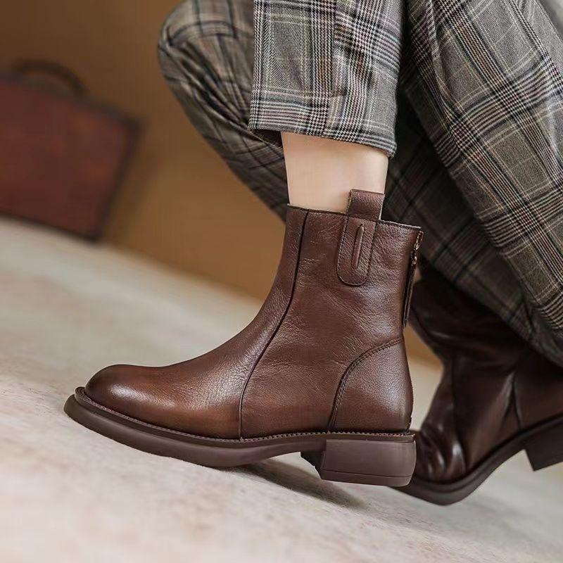 Soft Leather Shoes, Short Boots, Women's New Low-heeled Leather Boots, Retro Back Zipper Boots