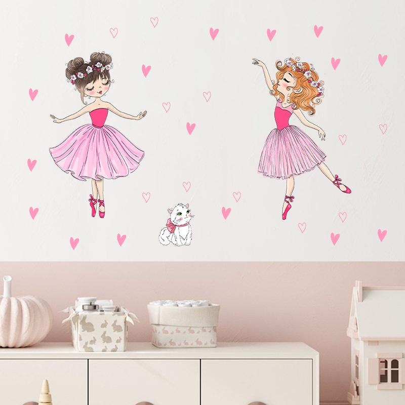 Cartoon Ballet Dancing Cat with Heart Stickers for Girls Room Wall Decor Kids Bedroom Nursery Removable Wall Art