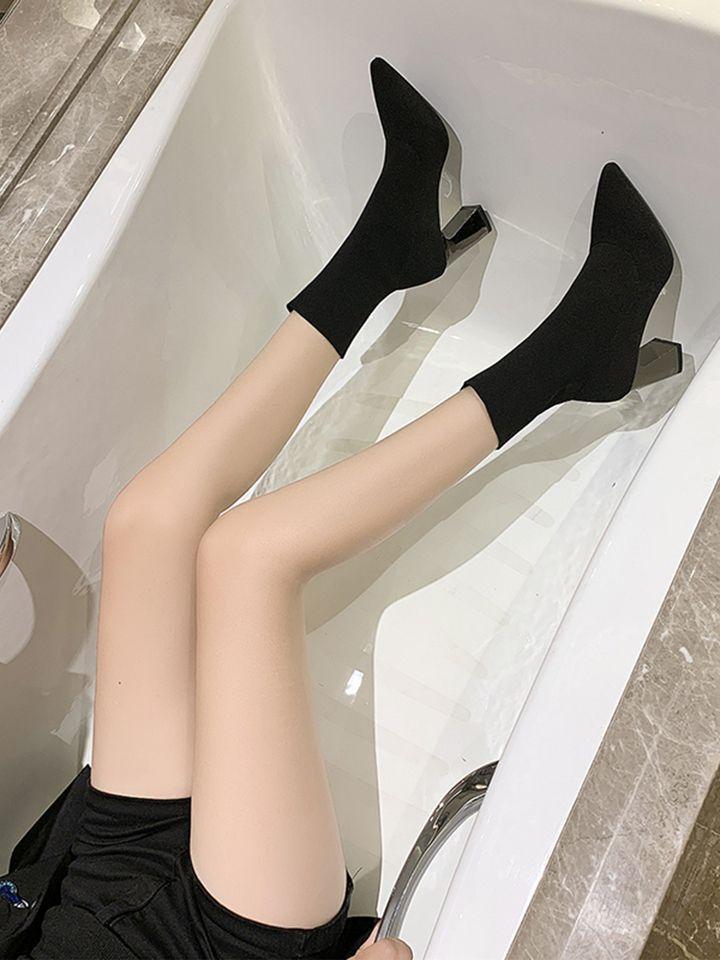 2025 Spring and Autumn Fashion Versatile Single Boots Versatile Short Boots Pointed Thick Heel High Heel Martin Boots Knitted Stretch Socks Women