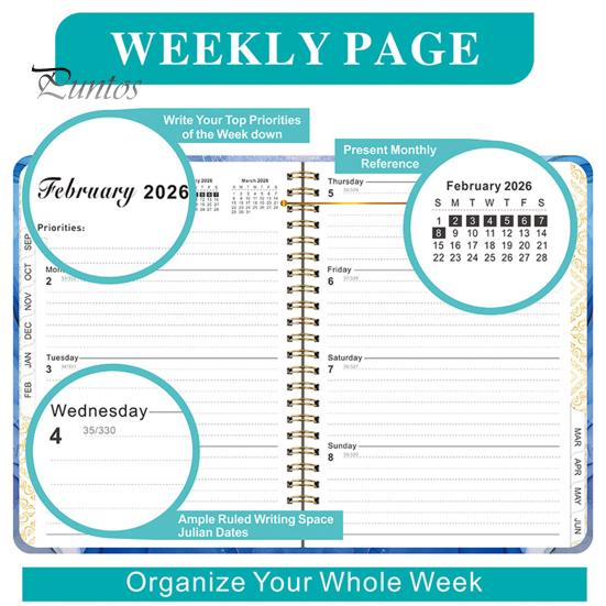 Planer 2025–2026, Juli 2025 – Juni 2026, 12 Monate, Tages-, Wochen- und Monatsplaner, Notizbuch mit Blumendruck und Spiralbindung für Zuhause, Büro und Schule