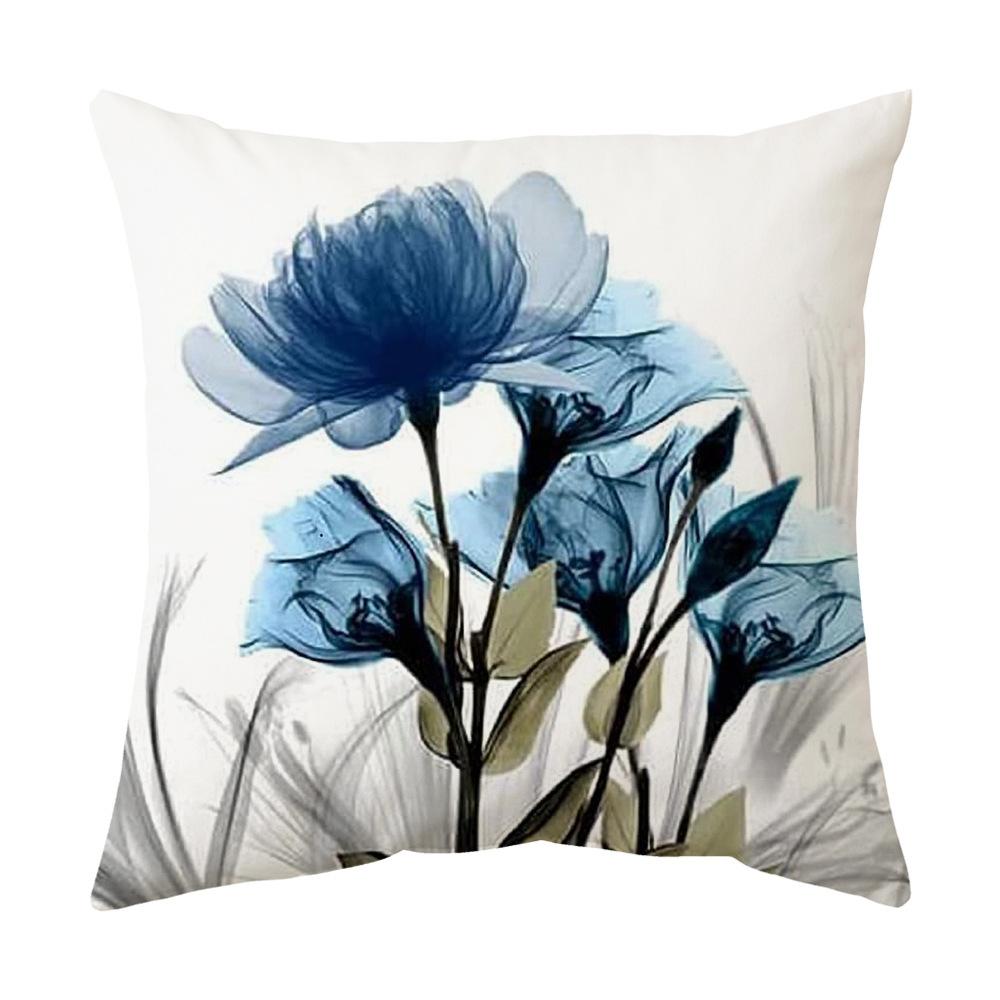 Blue Ink Painting Flower and Grass Linen Pillowcase Household Supplies Office Sofa Pillow Nordic Cushion