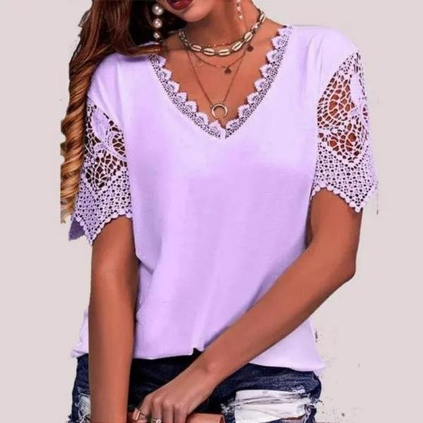 Women's T-shirt Hot Product Lace Stitching Loose V-neck Short-sleeved T-shirt