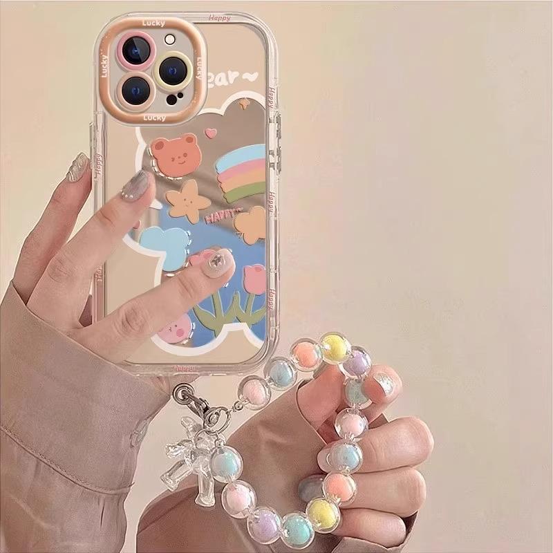 Summer Mirror Bear Rainbow Flower Apple 17 Mobile Phone Case New 16promax All-inclusive Anti-drop Protective Case Soft