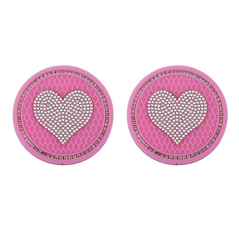 2pcs Car Coaster Diamond Heart Shape Water Cup Bottle Holder Anti-slip Pad Silica Gel Waterproof Mat Car Interior
