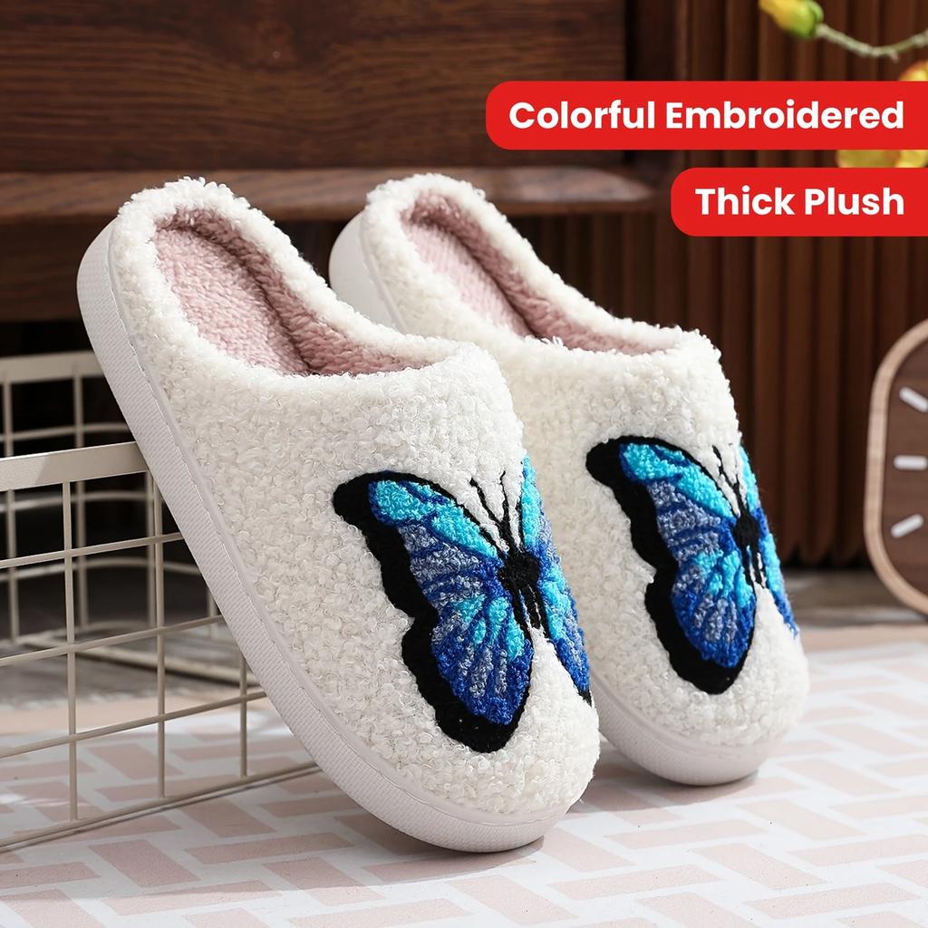 Bunte bestickte Schmetterlings-Plüschpantoffeln Dicke Plüsch Damen Hausschuhe