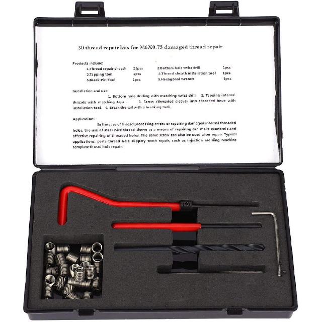 30Pcs Thread Repair Kit M6x0.75 Helicoil Kit Thread Insert Repair Tool Six-piece Suit for Female Thread Repairing