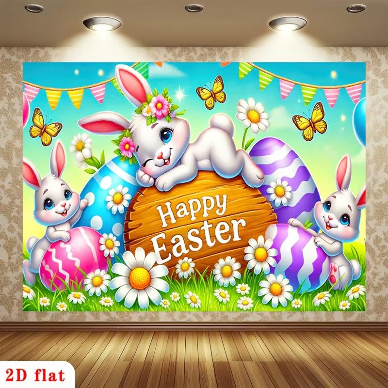

2D Easter Bunny & Colorful Eggs Backdrop Spring Holiday Party Decoration 47.2x31.5inch/120*80cm