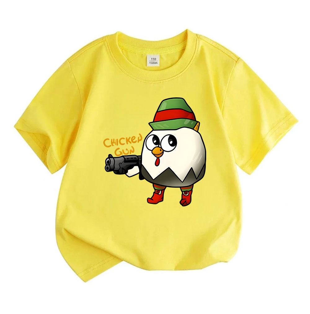 Kids Boys Girls 100% Cotton Crew Neck Short Sleeve T-Shirt, Cute Chicken with Gun Elf Pattern Casual Soft Breathable Summer Tee for Children Daily Wea
