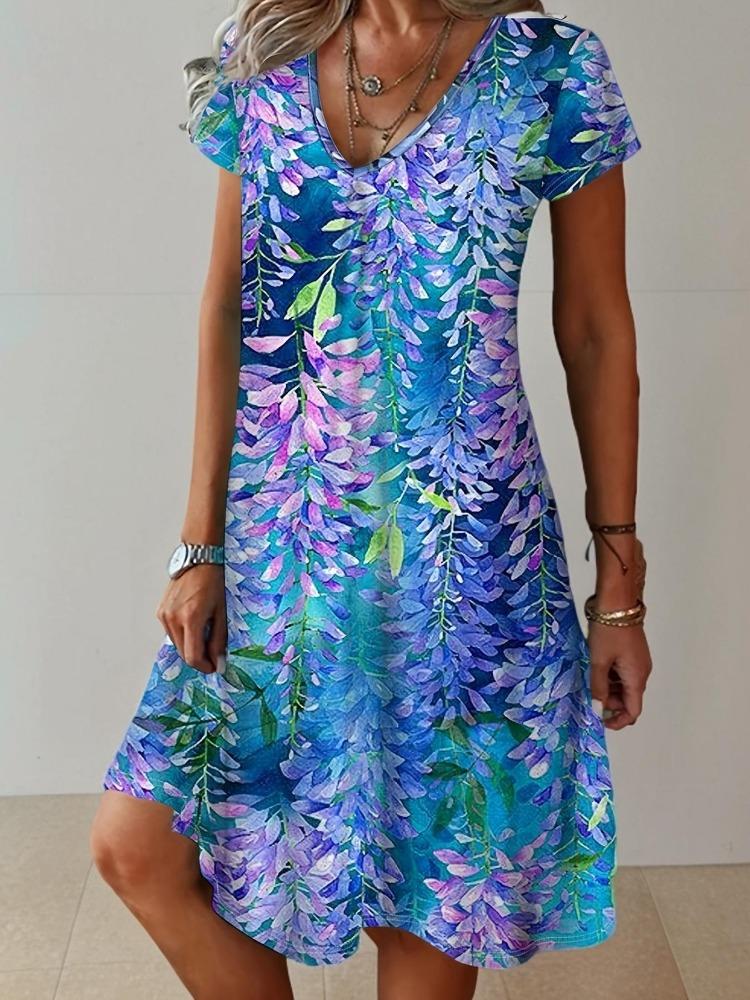 Summer Floral Boho V-Neck Dress Women Casual Loose Elegant Beach Outing Commute S